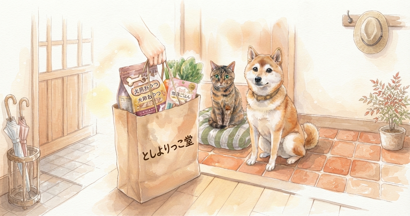 買い物袋を届ける様子と、玄関で待つ猫と柴犬のイラスト