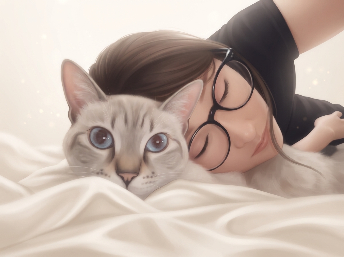 猫と寄り添う店主のイラスト