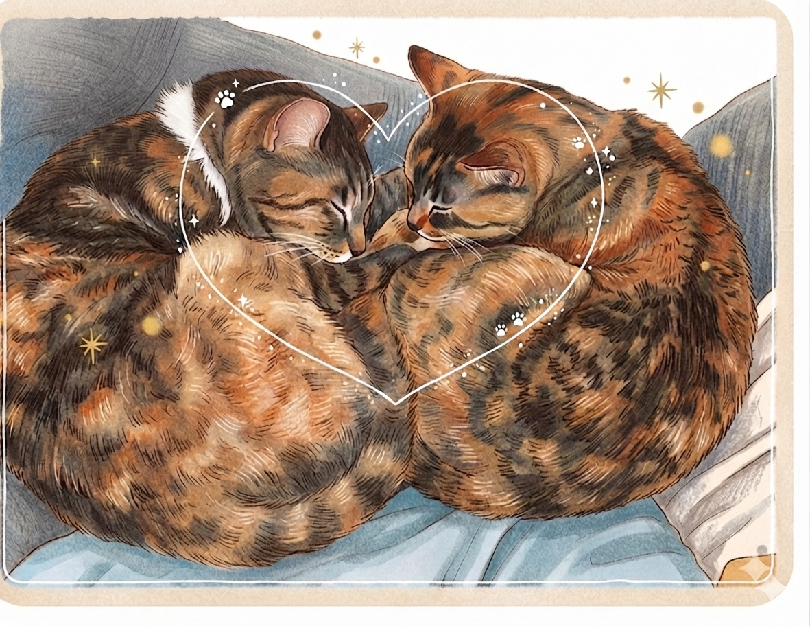 寄り添って眠る2匹の猫のイラスト