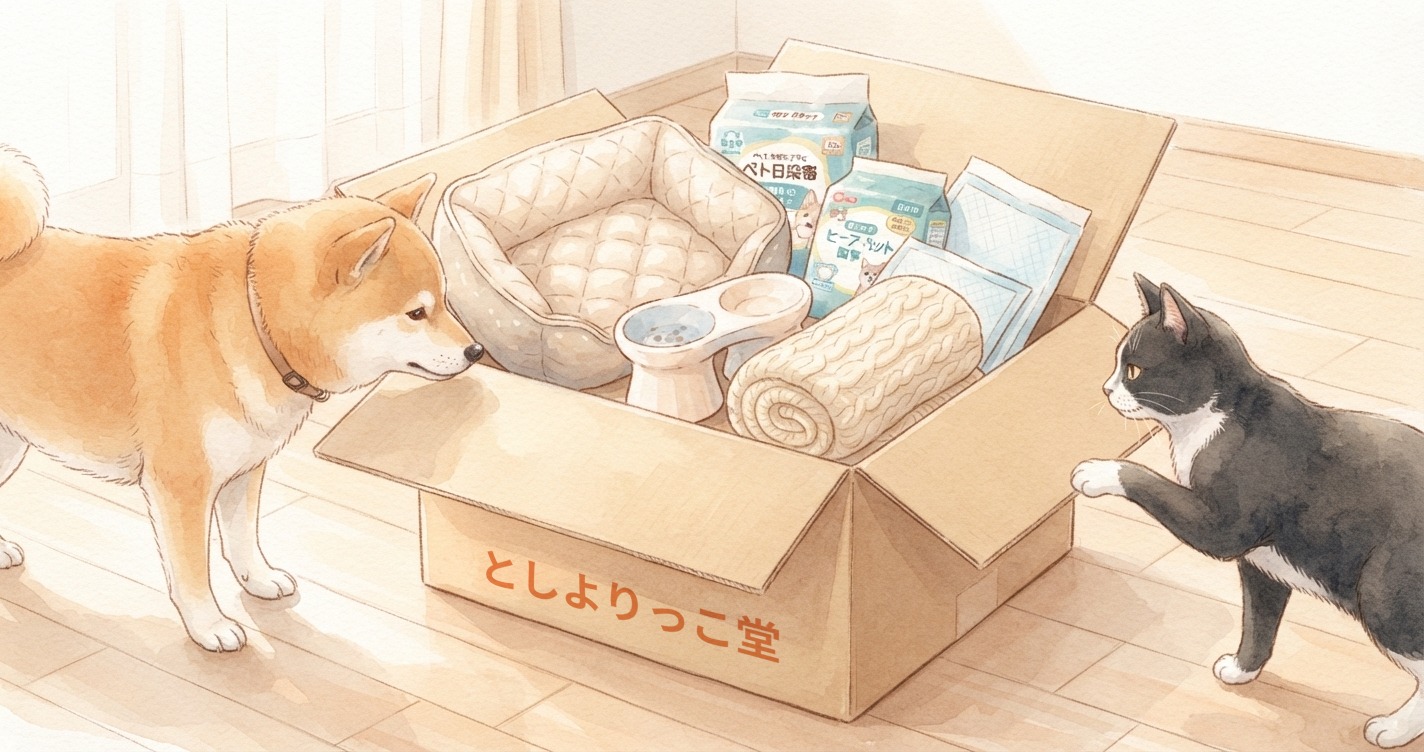 としよりっこ堂の段ボールをのぞく柴犬と猫のイラスト