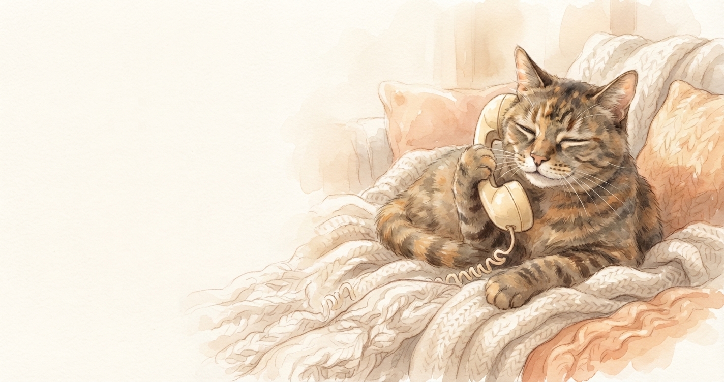 電話でお話を聞くシニア猫のイラスト